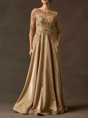 NEW 3/4 LONG SLEEVE GOLD FORMAL MOTHER OF THE BRIDE GROOM DRESS.PARTY EVENING